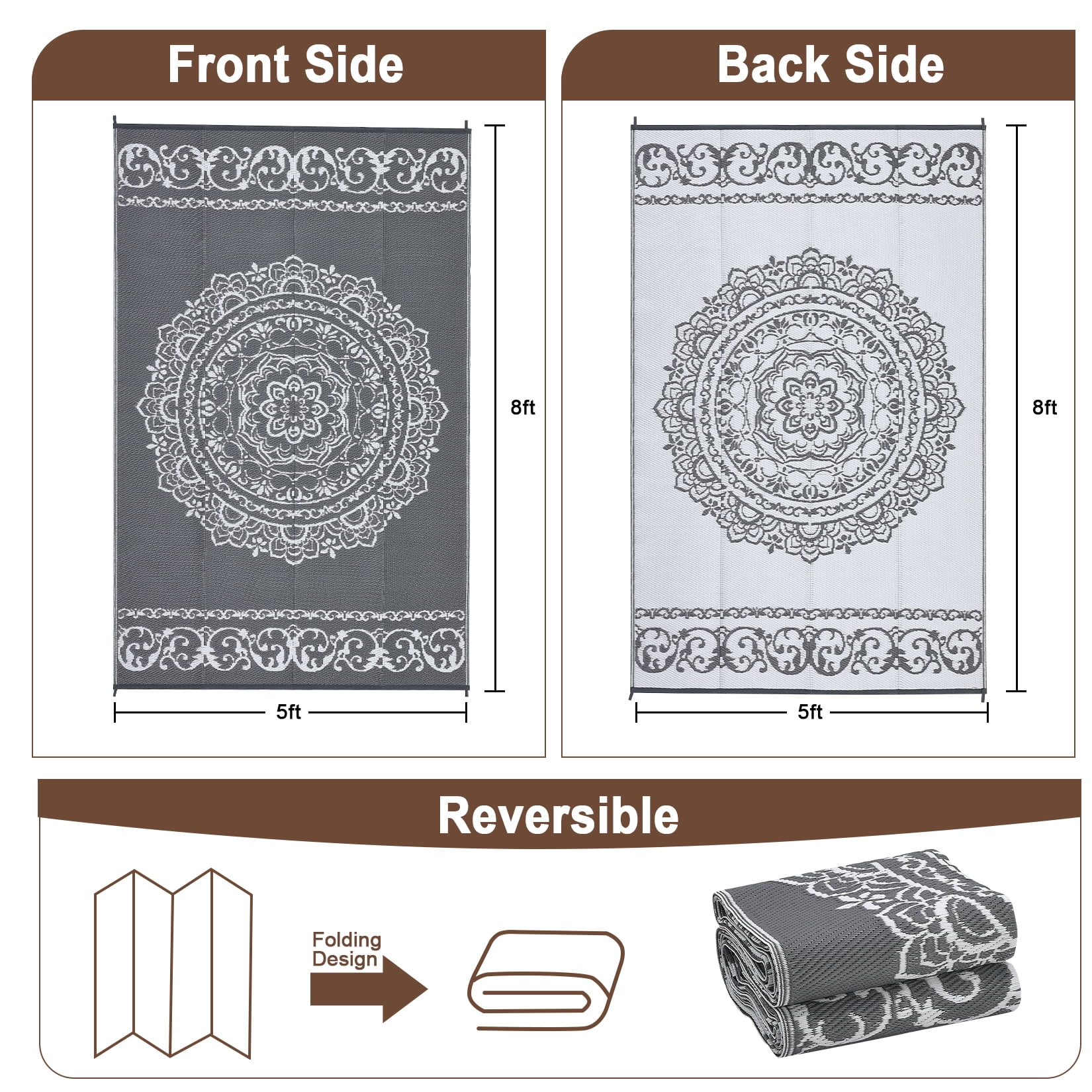 Gavee 5'x8' Boho Outdoor Rug, Waterproof Reversible Patio Area Rug Indoor Outdoor Carpet, Plastic Straw Rug RV Outdoor Mat for Camping Deck Balcony, Porch, Picnic, Gray and White