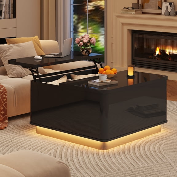 Aphthongs 35.4" Square Lift Top Coffee Table with LED Lights, Modern High Gloss Coffee Table with Rounded Conner & Hidden Storage, Multi-Function Coffee Table Living Room Furniture, Black