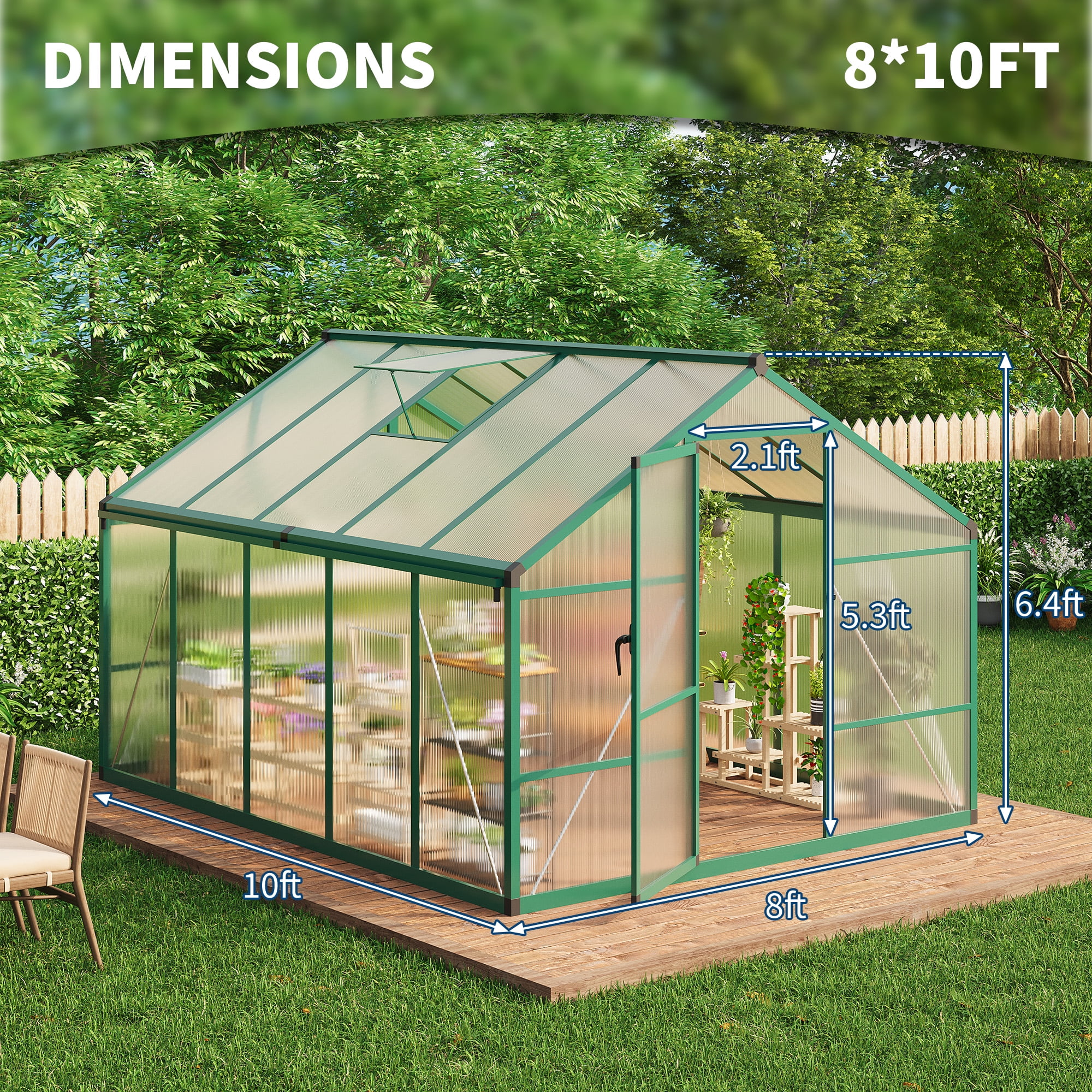 8x12FT Walk-in Green Houses,Large Aluminum Greenhouses for Outdoors,Heavy Duty Polycarbonate Greenhouse with Roof Vent, Greenhouse for Winter Garden,Backyard,Patio,Lawn,Easy Assembly(ship in 2 boxes)