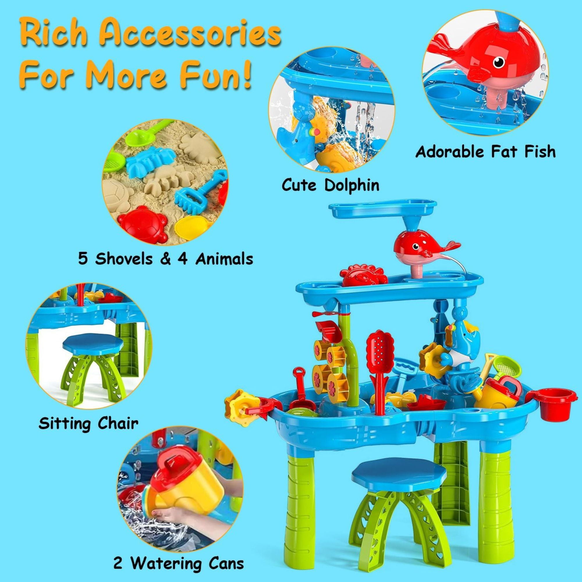 3-Tier Kid Sand and Water Table - Toddler Rain Shower Activity Play Set