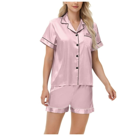 felwors Women's Satin Pajama Set 2-Piece Sleepwear Loungewear Button Down Short Sleeve Silky PJ Set Pink, M