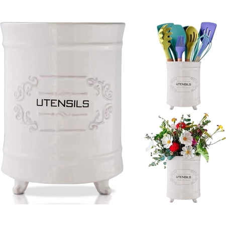 Comfify French White Ceramic Utensil Crock, Decorative Kitchen Utensil Holder with Scroll Feet for Countertop Organization