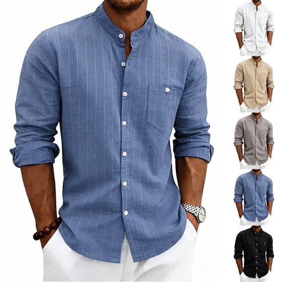 Sevevn Men's Vertical Striped Mandarin Collar Linen Shirt Long Sleeve Button Down Pocket Lightweight Casual Summer Beach Shacket Blue XL