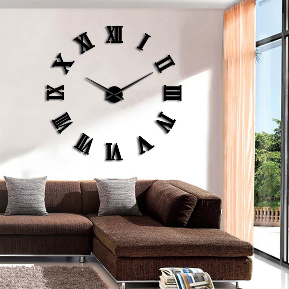 Roman Numerals Frameless Wall Clock Stickers, DIY Modern Decorative Clocks for Living Room, Bedroom, Office - Easy to Install, Large 3D Clock Design (Black,47in)