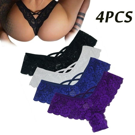 Hamky Womens Underwear Cotton Underwear Flowers Thongs Waist Lace 4PC Low Lingerie Underwear G-string Women Panties Seamless Underwear Lace Underwear As shown XXL
