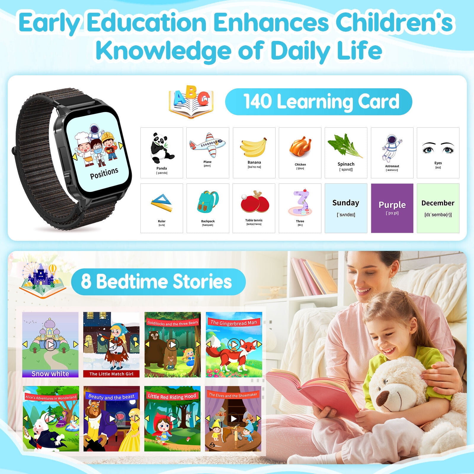 TOPCHANCES Kids Smart Watch for Boys Girls, Touch Screen Smartwatch with 30 Games, 140 Learning Cards, Storytelling, Camera, Video, Music Player, Pedometer (Black)