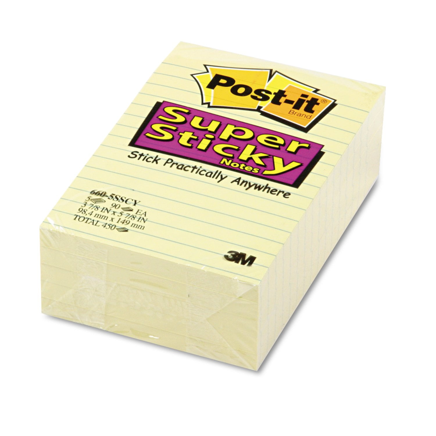 911798-9 Post-It Sticky Notes: Yellow, Super Sticky, 90 Sheets per Pad, 5  Pads per Pack, 4 in x 6 in, 5 PK