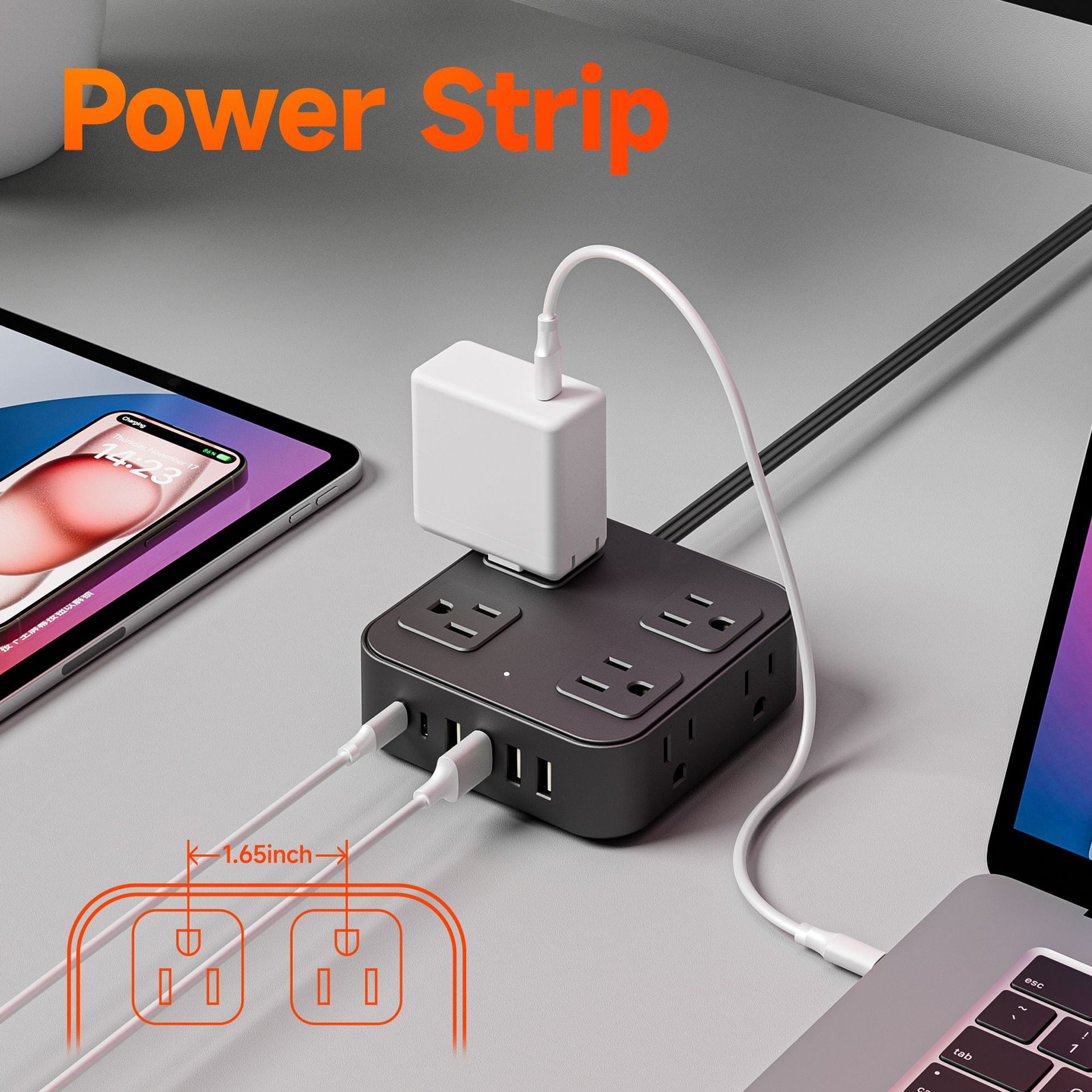 USB Charging Strip - 8 AC Outlets Extender 6 Fast-Charging USB Ports Heavy-Duty US Standard Socket with Extension Cable Multi-Device Charger Station for Office Home Travel（Black）
