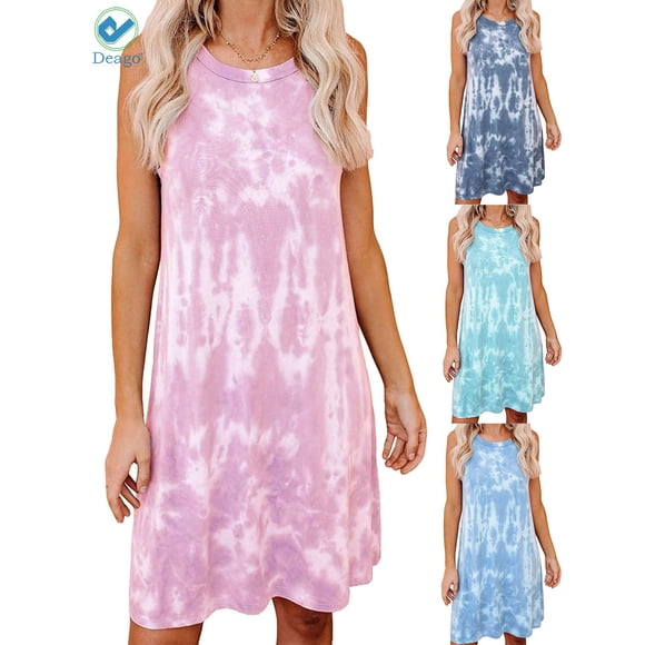 Deago Women’s Casual Tie Dye Short Dress Crew Neck Sleeveless Loose T Shirt Summer Tank Beach Sundress (Pink, M)