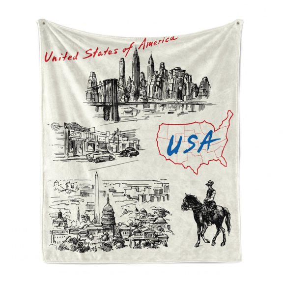 American Soft Flannel Fleece Blanket, Hand Drawn USA Map Nostalgic Landscapes Skyscrapers Cowboy with Horse Metropolis, Cozy Plush for Indoor and Outdoor Use, 50" x 70", Black White, by Ambesonne