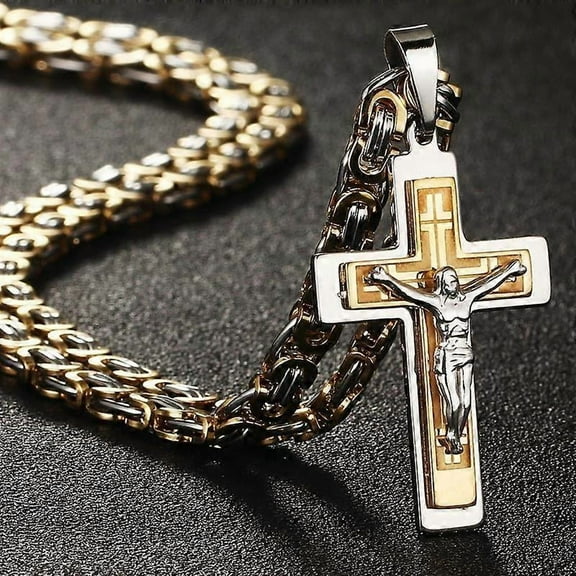 Diyalo Heavy Crucifix Cross Pendant Necklace Men Stainless Steel Male Necklaces Byzantine Chain Men Necklaces Jewelry Gifts