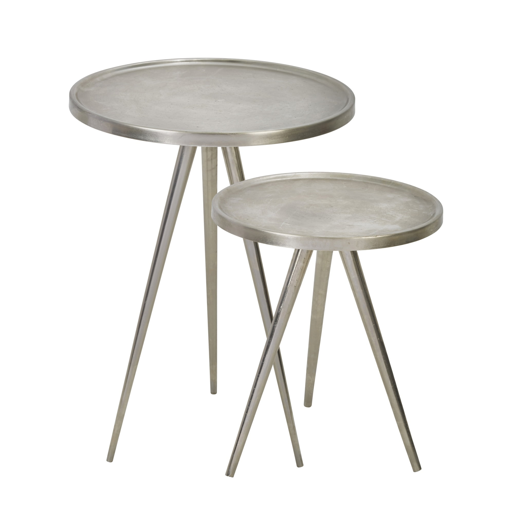 Round Metal Side Table with Tray Top and Tripod Base, Set of 2, Silver