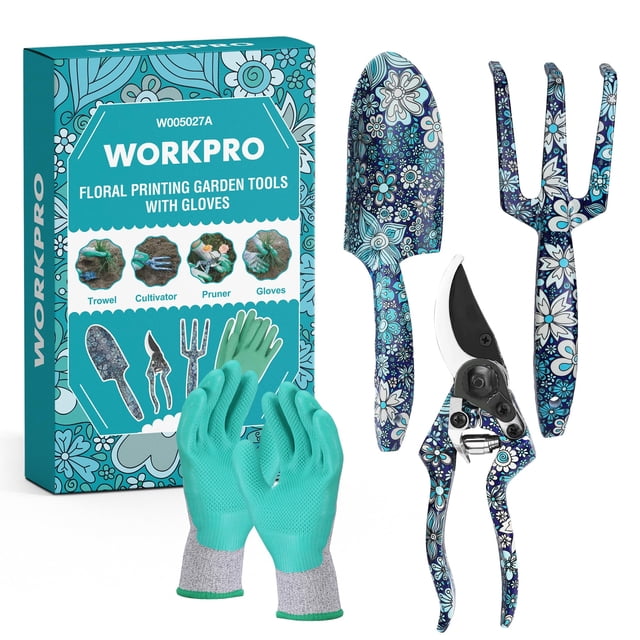 Juego de herramientas de jardín WORKPRO de aluminio, 4 piezas, con paleta, rastrillo y podadora