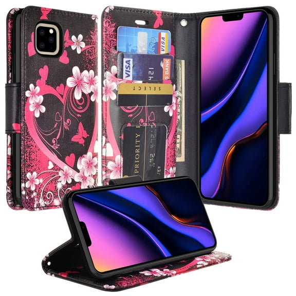 SPY Case for iPhone 12 Pro Max Wallet Case with Card Holder Magnetic Stand Book Flip Cover Shockproof Protection Case with iPhone 12 Pro Max 6.7'' - Hot Pink Heart