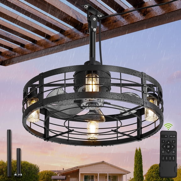 Zardon 22" Ceiling Fan with Light and Remote Control, Waterproof Caged Ceiling Fans for Outdoor Patio Gazebo Porch Pergola, 6 Speed, Black