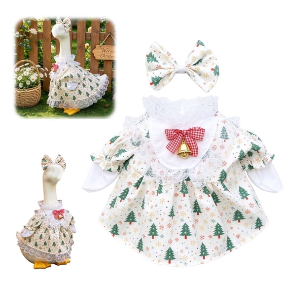 Christmas Winter Goose Outfit for 23" Porch Goose, Christmas Tree Pattern Goose Dress with Bow & Bell, Front Porch Holiday Goose Decor, Xmas Winter Outdoor Garden Patio Yard Lawn Art Decoration,Beige