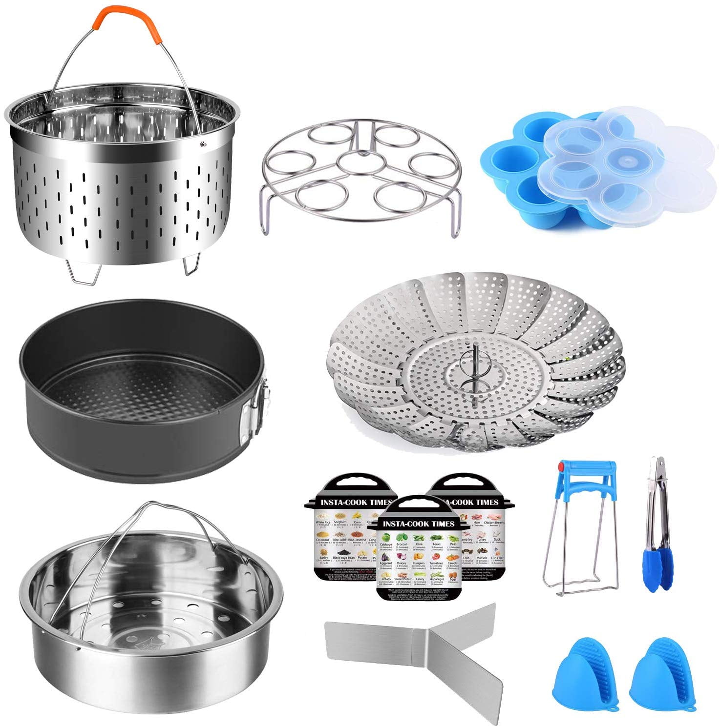 Pressure Cooker Accessories Set 10 Parts with Steamer Basket Egg Steamer Rack Non-stick Springform Pan Steaming Stand 1 Pair Silicone Cooking Pot Mitts Three Menus 