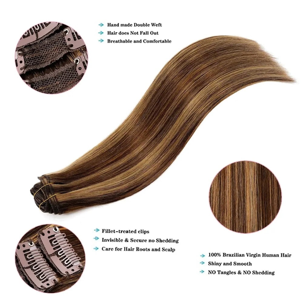 Highlight Color Hair Extensions #4/27 Clip In Straight Real Human Hair Double Weft 8 Pcs Clip Ins Extension