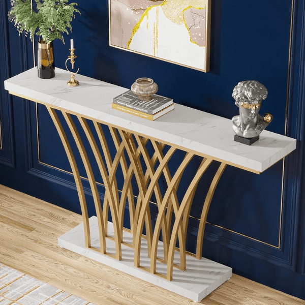 59" Modern Gold Console Table - Faux Marble Veneer with Geometric Metal Base, 1.97" Thick MDF Top, 450lb Capacity for Entryway, Living Room & Hallway
