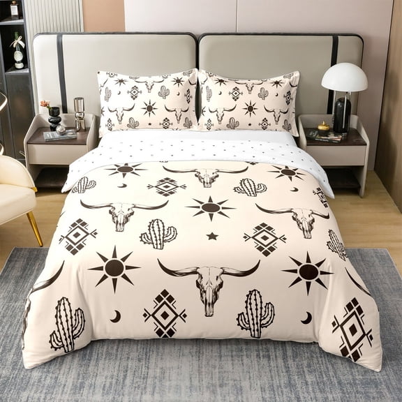 Erosebridal Tribal Aztec 100% Cotton Comforter Cover Queen, Square Geometric Bedding Queen Size, Sheep Skeleton Decor, Reversible 3-Piece(No Comforter)