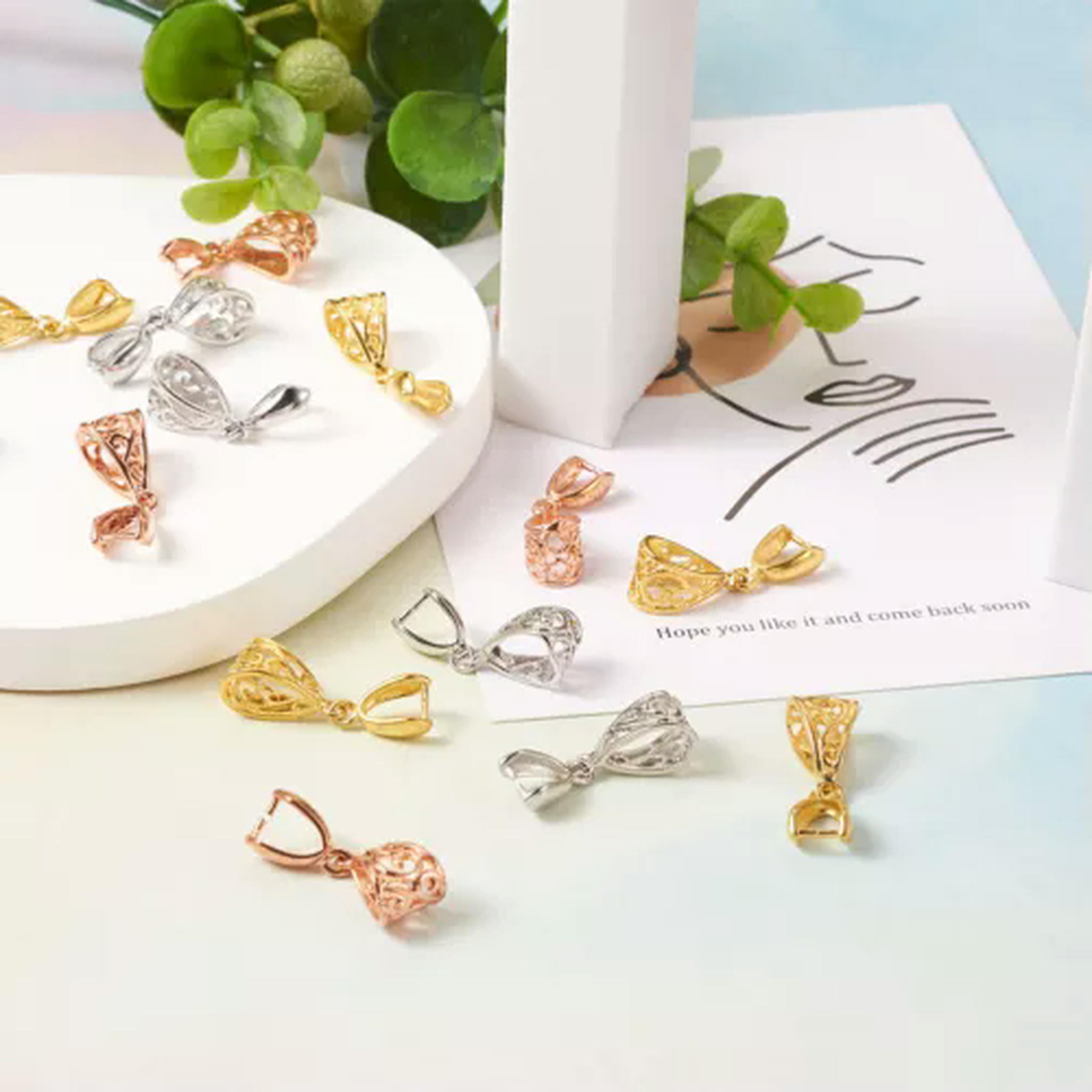 U8MO 50pcs Rack Plated Brass Filigree Pinch Bails Ice Pick Large Hole Hollow 13x8mm-Mixed Color