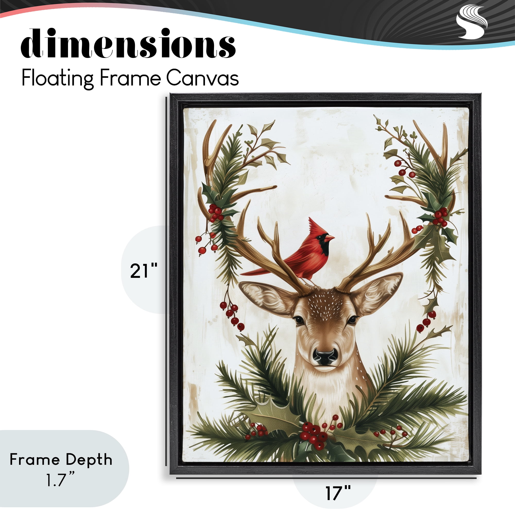 Stupell Industries Cardinal & Deer with Festive Flora Black Framed Floater Canvas Wall Art, design by Acorn & Ivory Designs