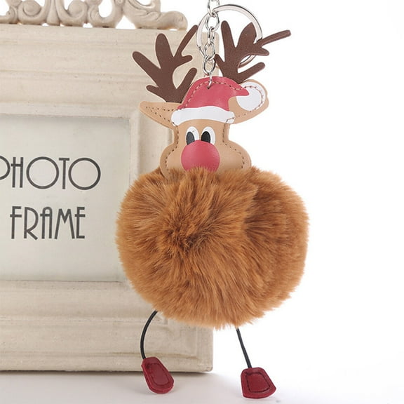 WHAMVOX Cartoon Christmas Elk Keychain Plush Pom Pom Ball Keyring Bag Cellphone Hanging Pendant (Coffee)