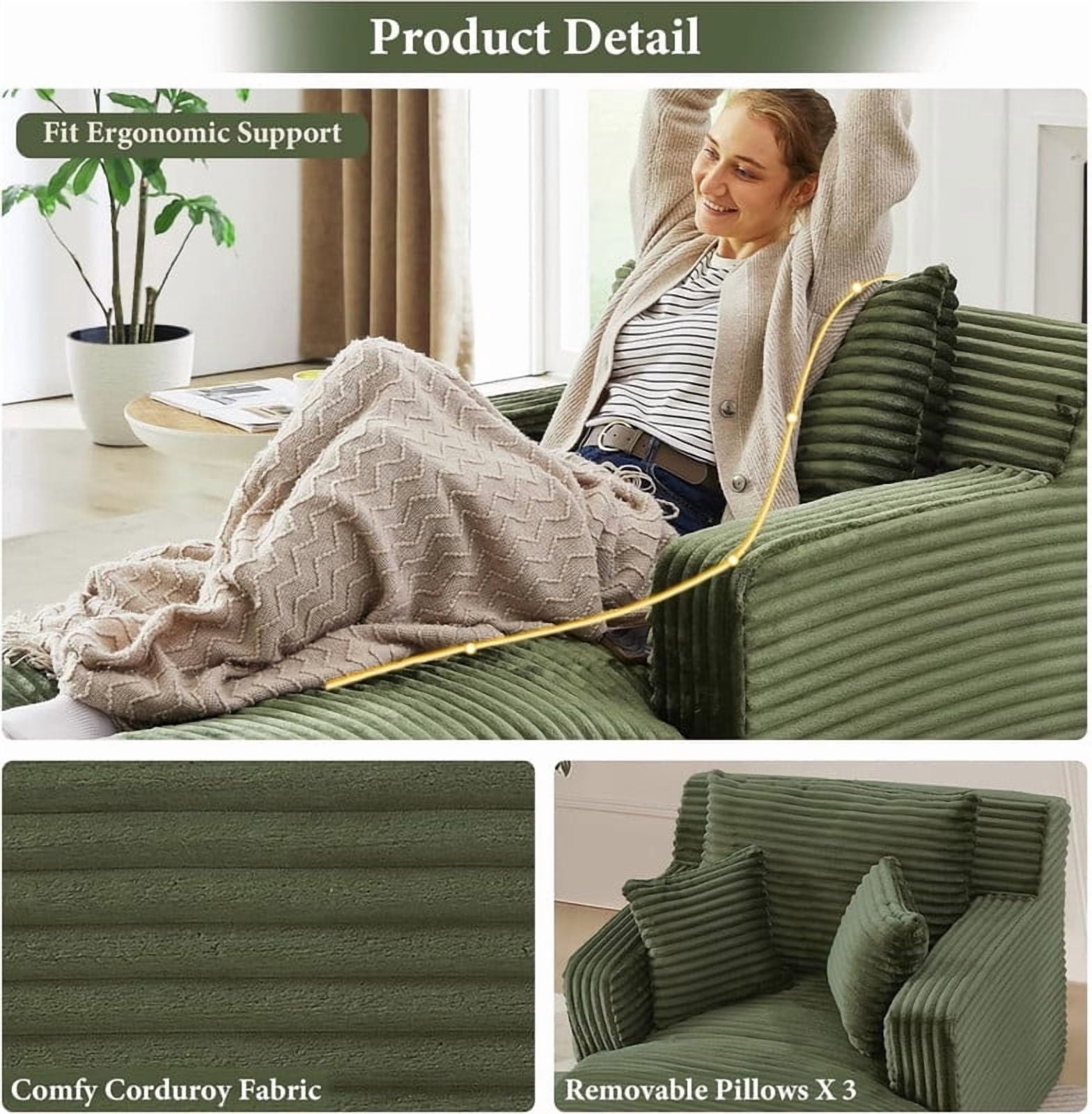 Indoor Single Chaise Lounge Sofa Chair, Modern Corduroy Upholstery Sleeper Bed Lounger Sofa Chair for Living Room,Office,Apartment, 39.4''x65.4''