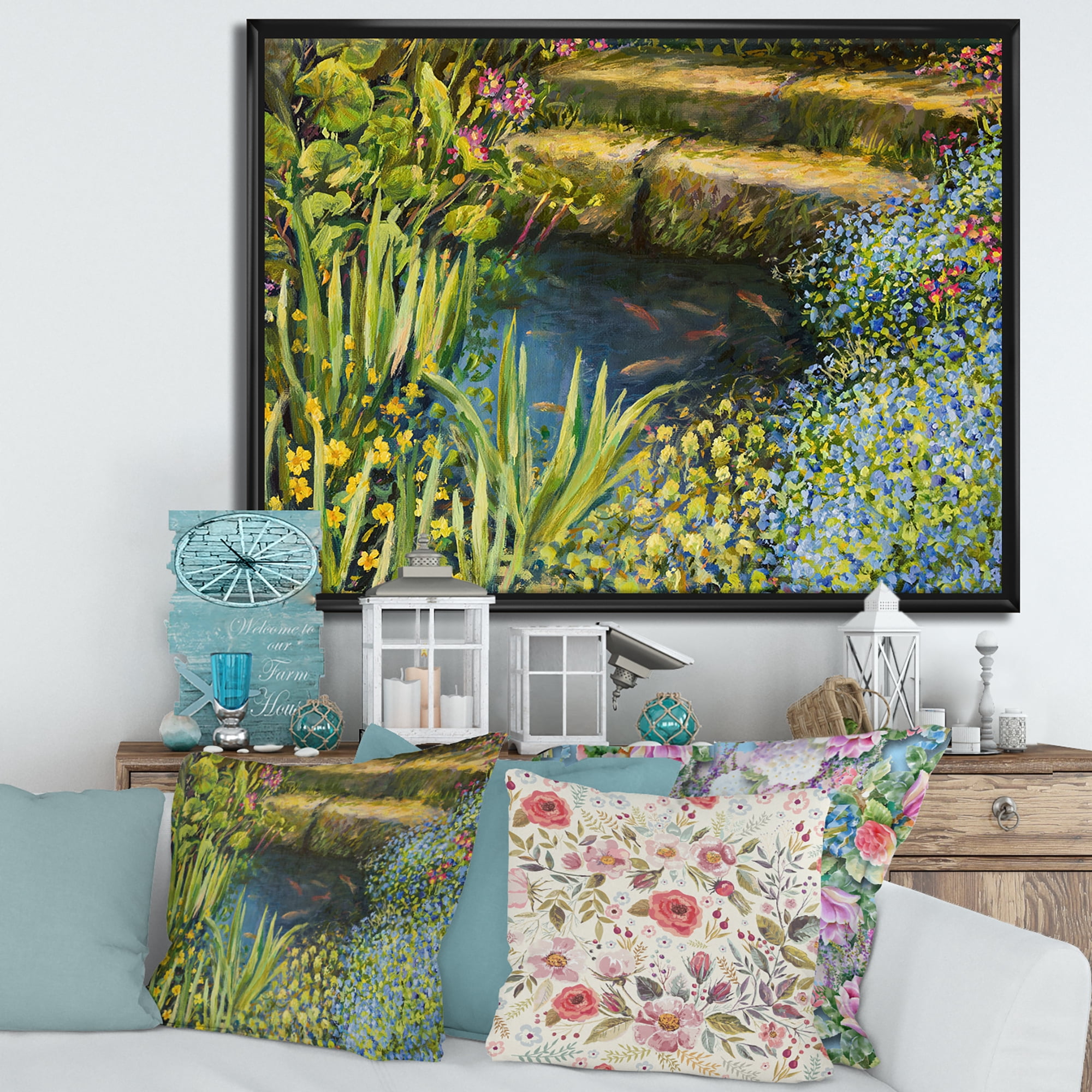 Designart 'Colorful Silence Flowers At The Lake Side' Lake House Framed Canvas Wall Art Print