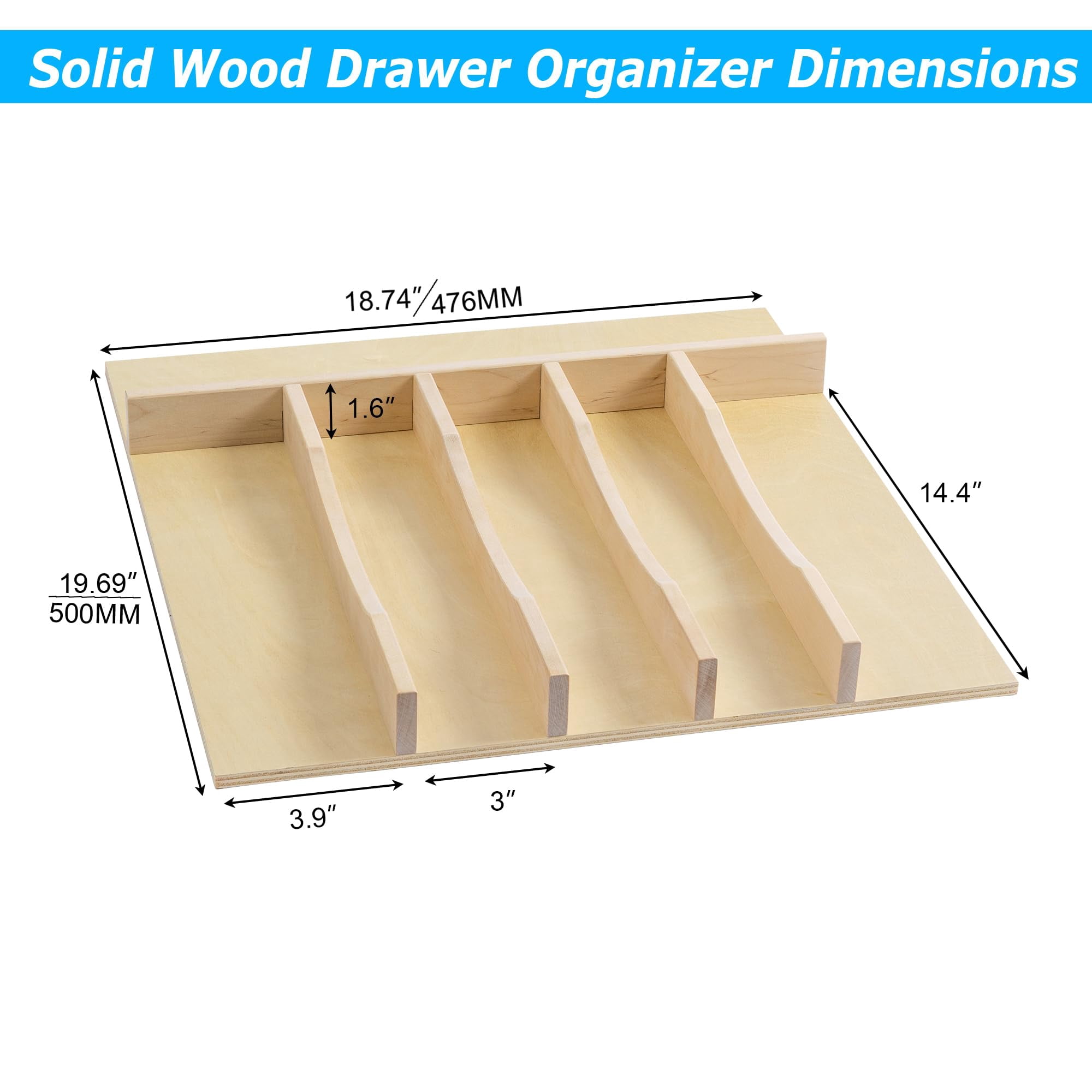 6 Slot 20"x19" Silverware/Flatware Drawer Organizer Tray with Divider, Utensil Drawer Organizer, Cutlery Tray Organizer, Tool Drawer/Junk Drawer Organizer (Natural Wood)