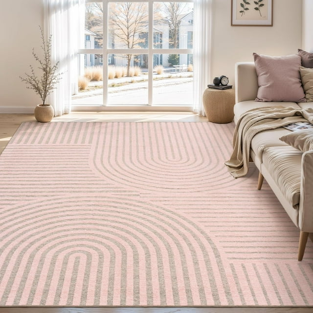 Area Rug 5x7 Machine Washable Rugs for Living Room Non Slip Soft Carpet Geometric Jacquard Textured Carpet for Bedroom Dining Nursery Office Living Room Rug-Pink