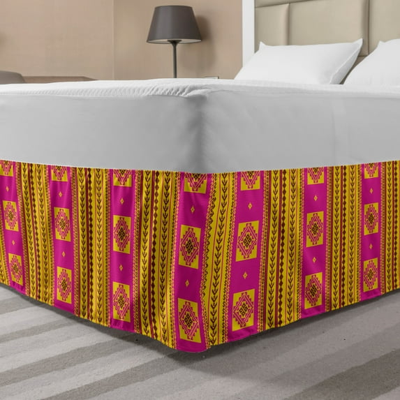 Ethnic Bed Skirt, Summer Inspired Pattern with Geometric and Traditional Ornaments, Elastic Bedskirt Dust Ruffle Wrap Around for Bedding Decor, 4 Sizes, Hot Pink Yellow, by Ambesonne