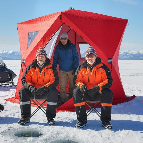 Lumiparty Insulated Pop-Up Ice Fishing Tent, 3-4 Person Portable Hub-Style Tent, Windproof Ice Fishing Shelter, Waterproof Oxford Fabric, Red