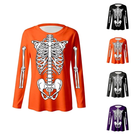 Kids Halloween Skeleton Print Long Sleeve Top Crewneck Casual T-shirt for Children Ages 3-14 Years