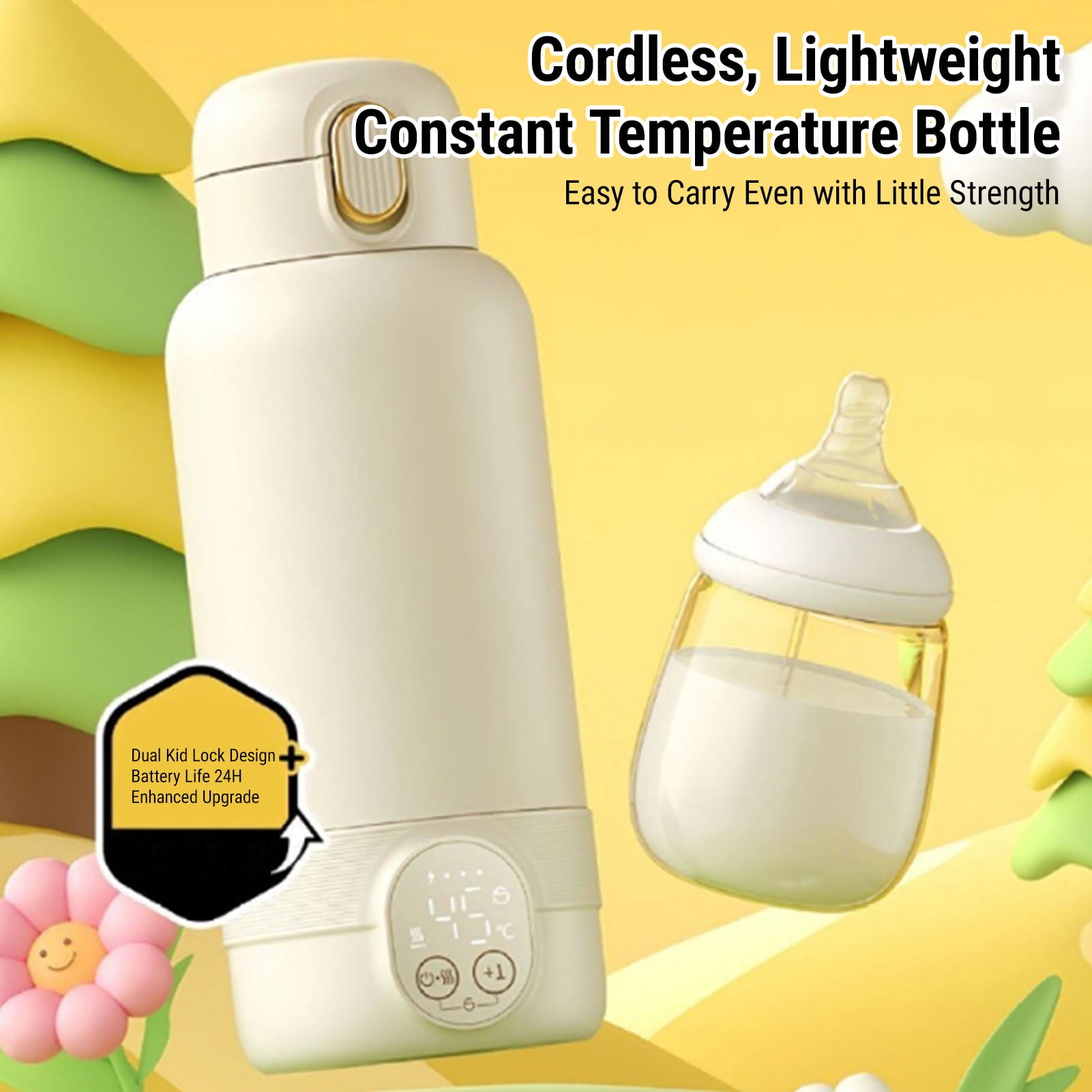 Riousery Portable Milk Warmer 50W Quick Heating 500ml / 16.9 fl oz 316 Stainless Steel Rechargeable Cordless Bottle Warmer for Travel with Constant Temperature