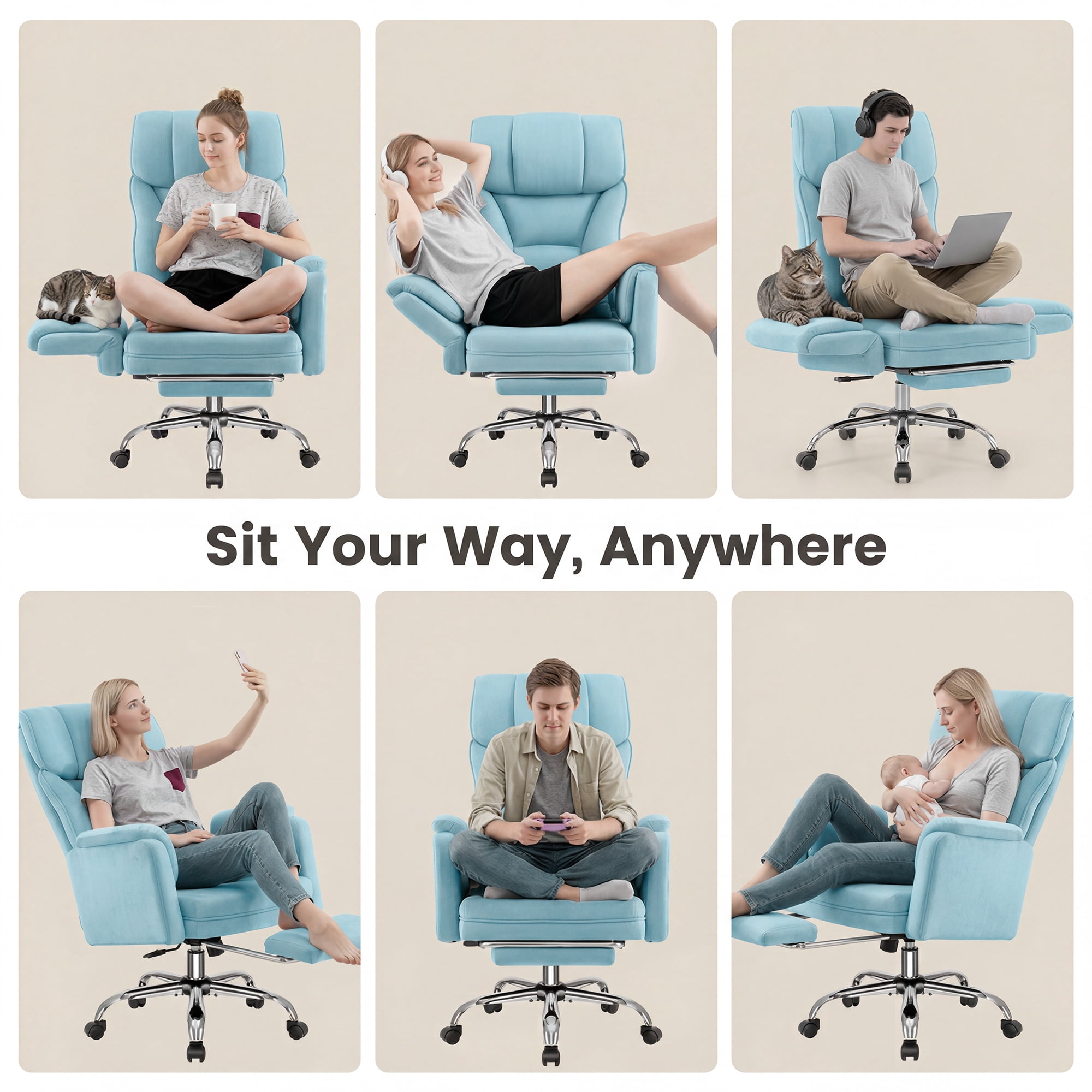 Primy Cross Legged Big and Tall Office Chair with Footrest & Convertible Armrests, 500LBS Velvet Home Desk Chair, Ergonomic Recliner with Lumbar Pillow, Criss Cross Soft-Cushioned Executive Chair
