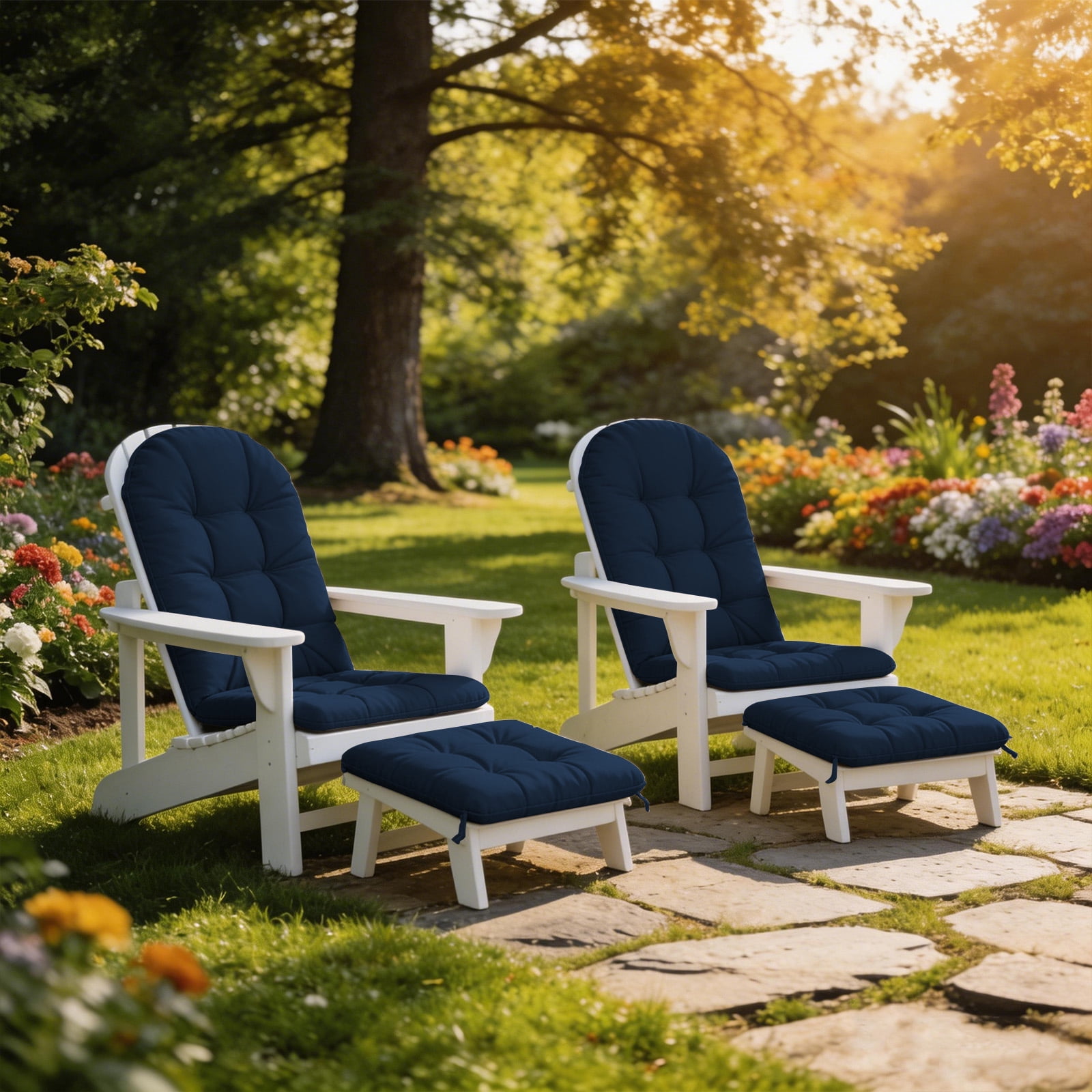 HONEY HOME Outdoor Adirondack Chair Cushions, 44x19x4 inch Waterproof Rocking Chair Cushion and 17x19 Ottoman pad for Patio, Garden