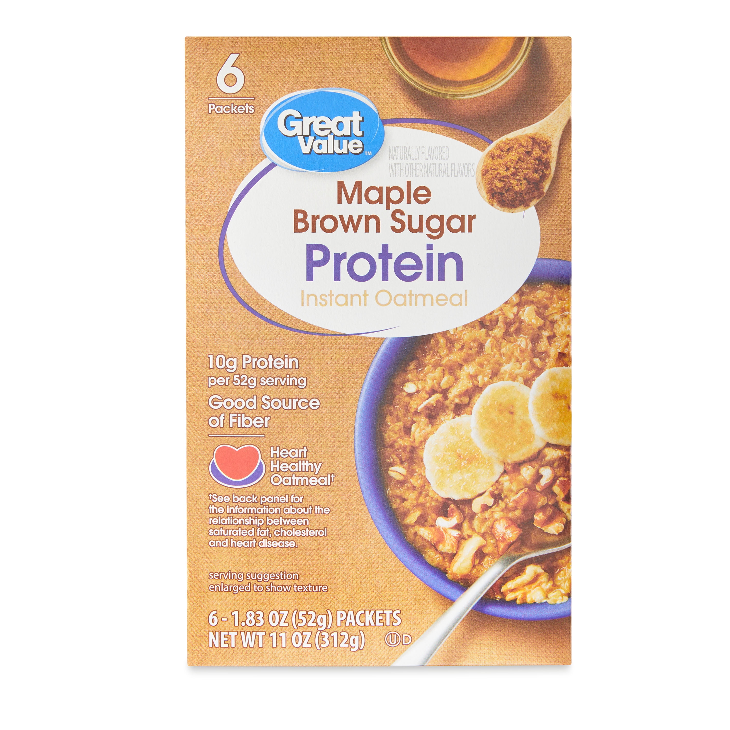 (3 pack) Great Value Maple & Brown Sugar Protein Instant Oatmeal, 1.83 oz, 6 Count