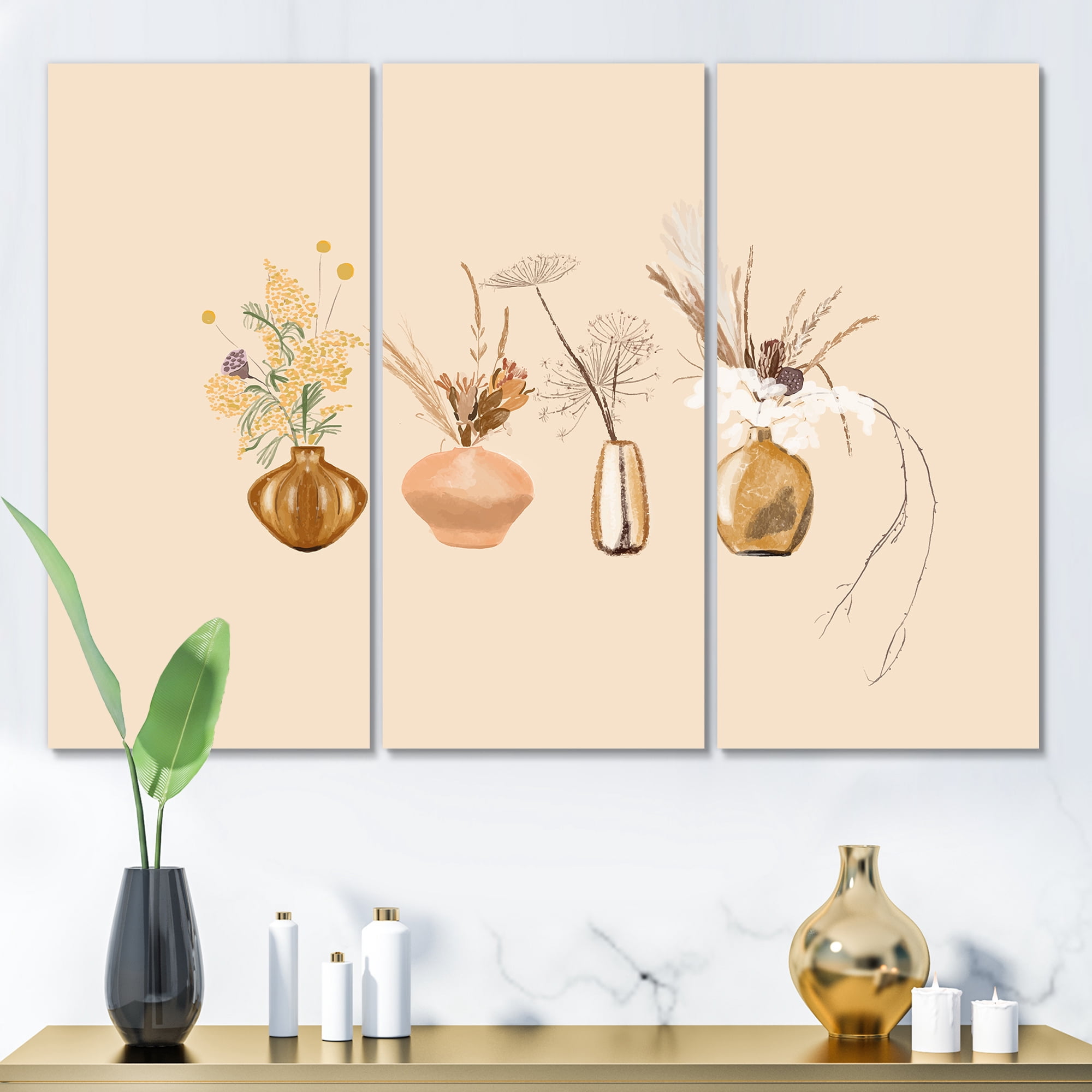 Designart ' Gold Vases With Bouquets Of Wildflowers II ' Traditional Canvas Wall Art Print
