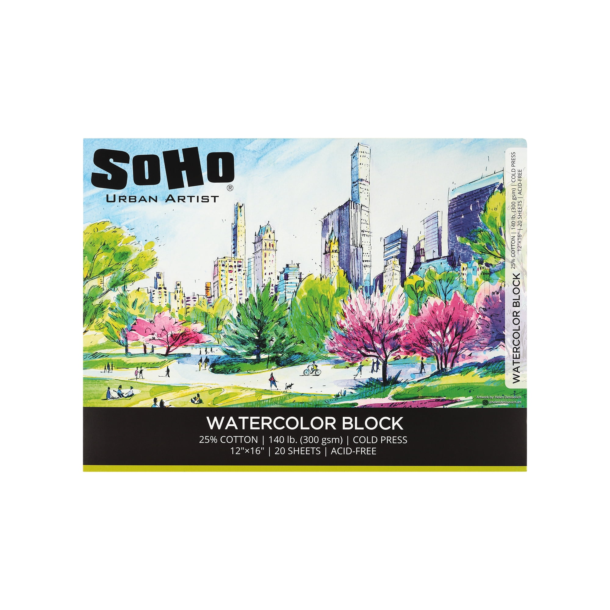 SoHo Urban Artist Watercolor Block 12x16" - 140lb 20 Sheets Cold Press, Professional, Sustainable, Acid-Free