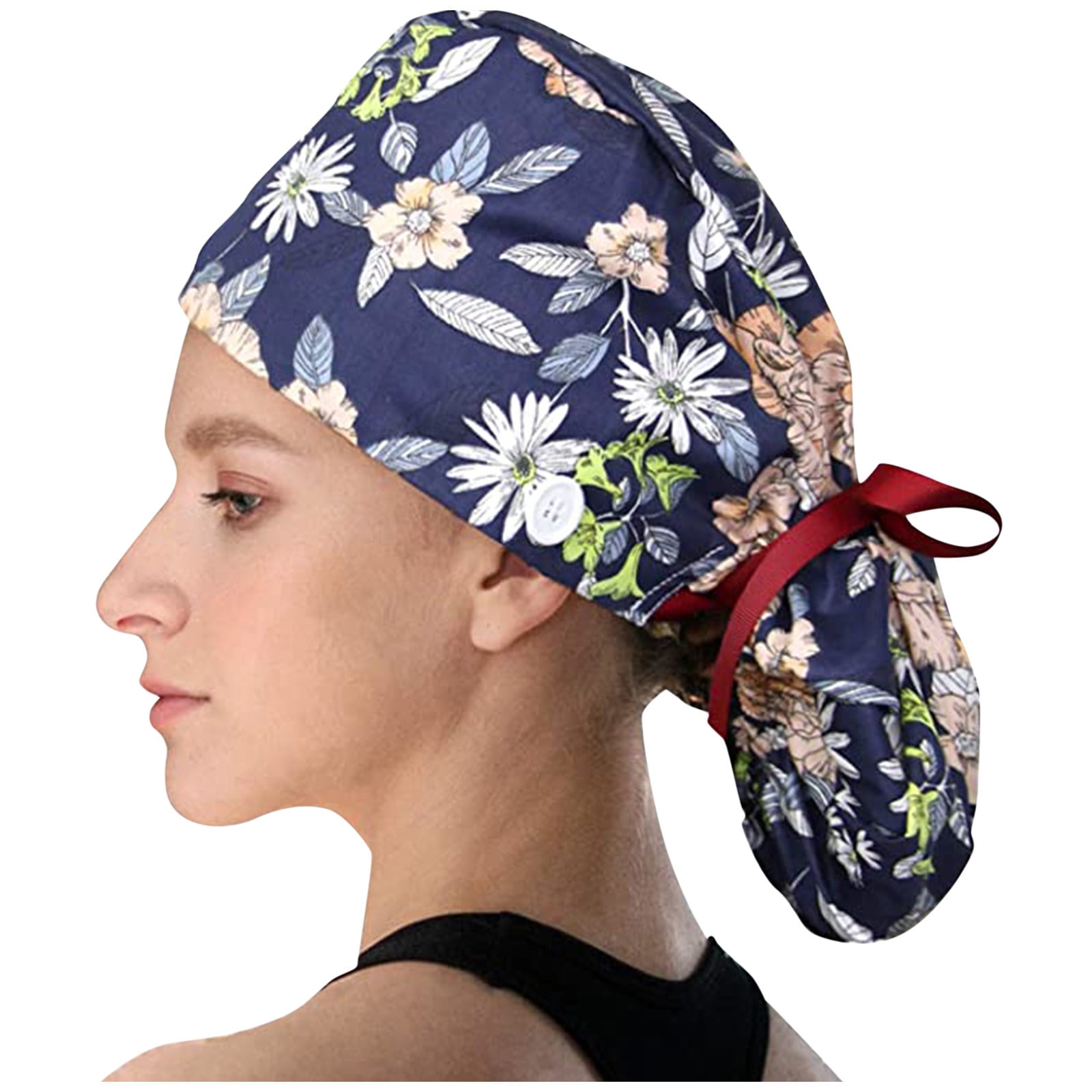 Scrub cap bouffant with buttons sweat band and face mask set