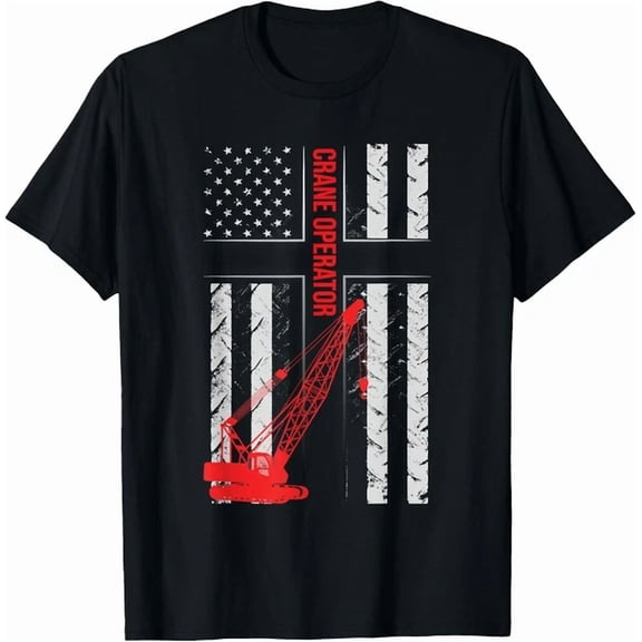 Crane Operator American Flag T-Shirt Patriotic Construction Worker Heavy Equipment Operator Retro Distressed Graphic Tee for Men