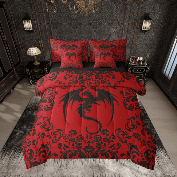 Gothic Dragon Full Comforter Set 7 Piece Goth Red Black Damask Bedding Men Bohemian Exotic Floral Animal Bed In A Bag Victorian Baroque Dragon Sheet Set With Comforter