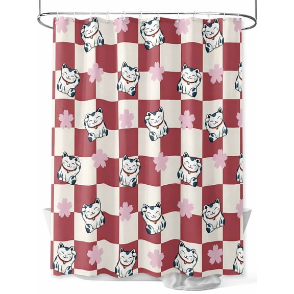 Shower Curtain Lucky Cat Bathroom Curtains with Hooks, Waterproof Fabric Cherry Blossoms Red Buffalo Plaid Bath Shower Curtains Set for Bathroom Bathtubs Decor 36x72 Inch