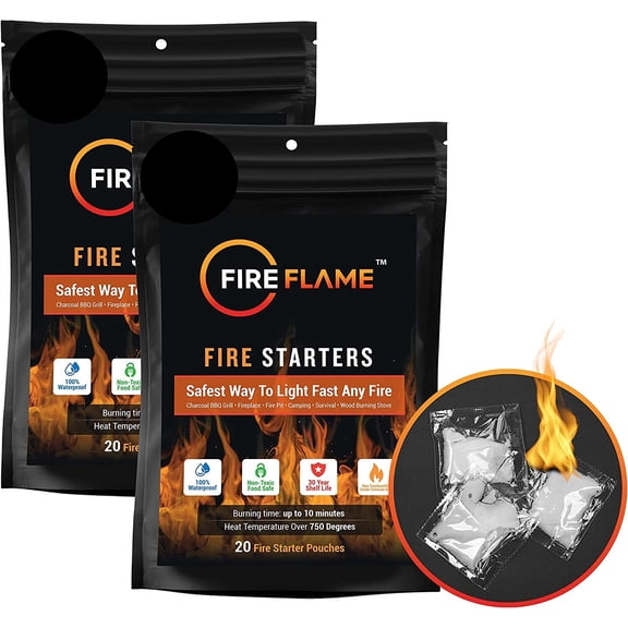 Fireflame Quick Instant Fire Starter - 100% Waterproof All-Purpose Indoor & Outdoor Firestarter, for Charcoal Starter, Campfire, Fireplace, Firepit, Smoker - Odorless and Food Safe - Total 40 Pouches