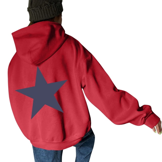 Chandail à Capuche Graphique à Manches Longues Décontracté pour Femmes avec Imprimé Étoile et Design Épaule Tombante