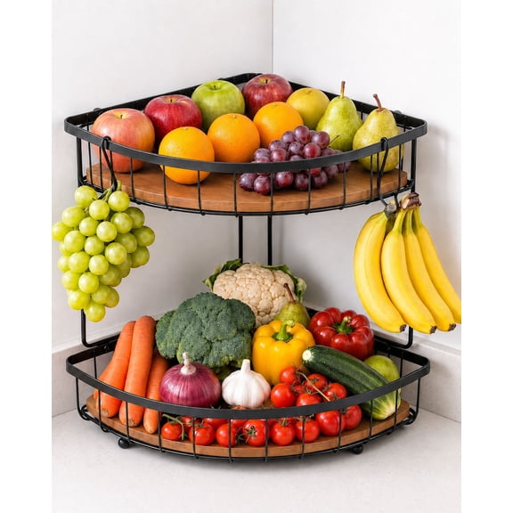 2 Tier Corner Fruit Basket with Removable Banana Hook, Metal and Wood Kitchen Countertop Organizer