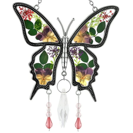 

KY&BOSAM Crystal Butterfly Stain Glass Suncatcher Wind Chime Ornament Silver Zircon & Stained glass material & Crystal Pendant with Pressed Flower Wings Color box packing Make Happy Mother s Day Gift