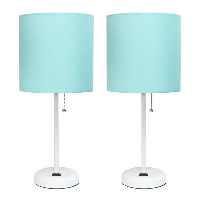 Two white stick lamps with light blue fabric shades and pull chains, each including a charging outlet on the round base.