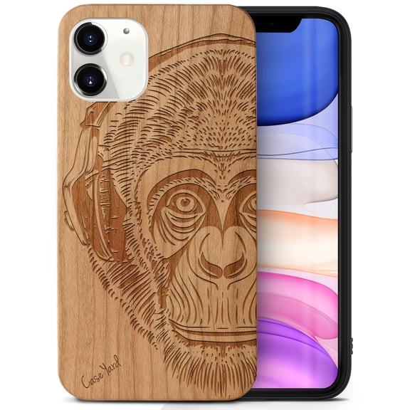Case Yard Wooden Case Outside Soft TPU Silicone, Slim Fit Shockproof Wood Protective Phone Cover for Girls Boys Men and Women, Supports Wireless Charging Headphone Monkey Design case for iPhone-11